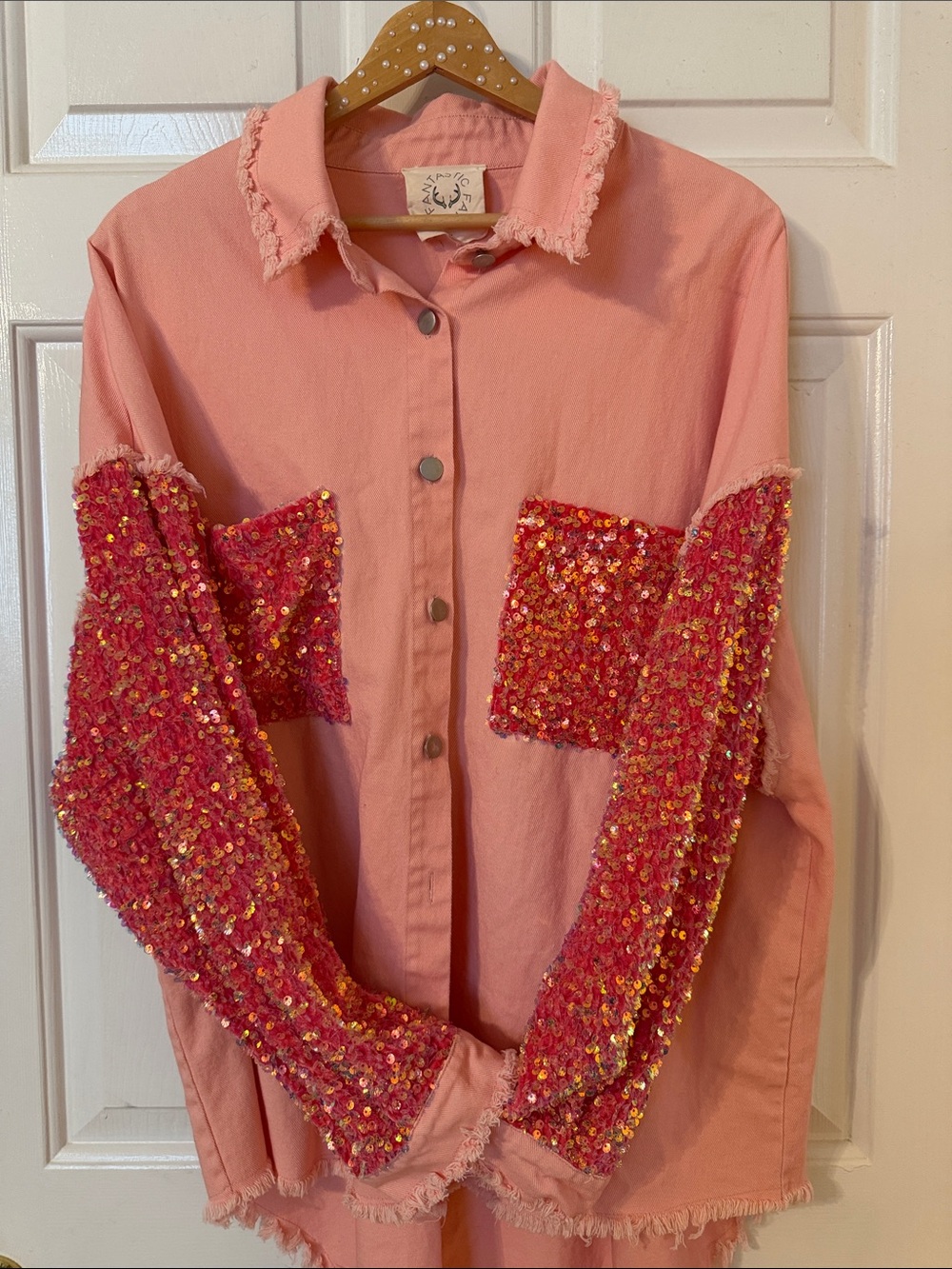 Fantastic Fawn Pink Distressed Button-Up Shirt with Sequin Accents